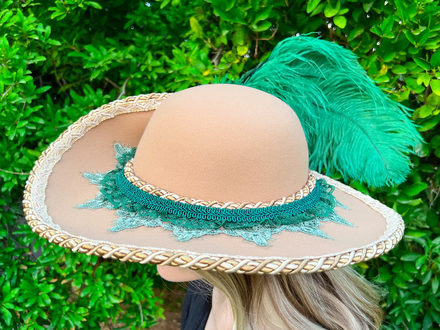 Cavalier Hat 22" Tan Polyester Base with Green Trim, Feathers, and Mermaid Brooch