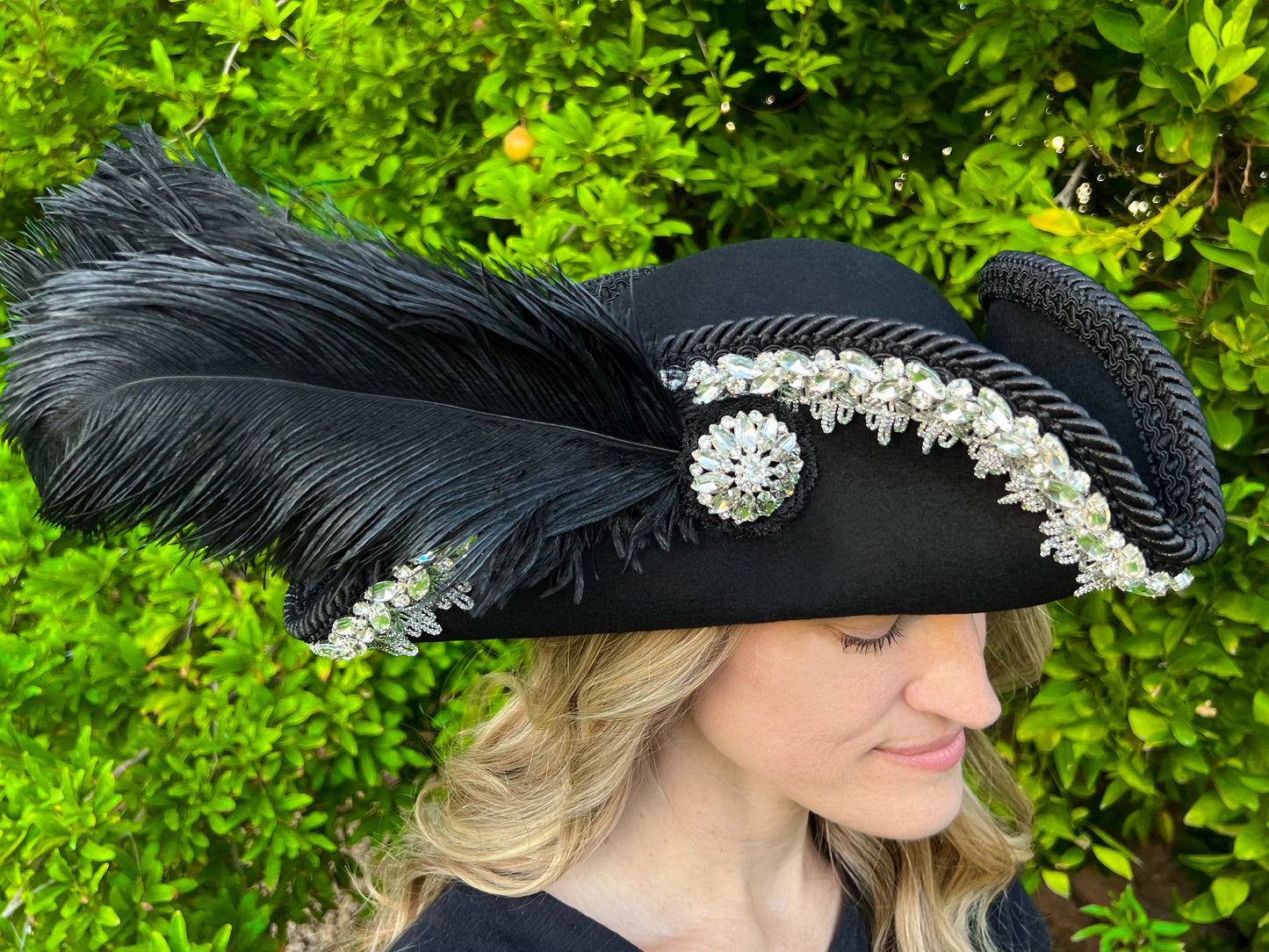 Tricorn Hat 22.5" Black Wool Base with Silver Rhinestone Trim, Feathers, and Brooch