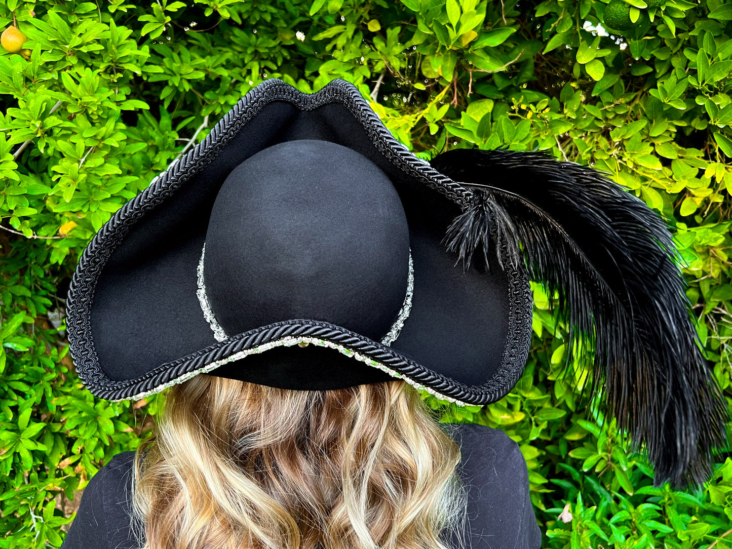 Tricorn Hat 22.5" Black Wool Base with Silver Rhinestone Trim, Feathers, and Brooch