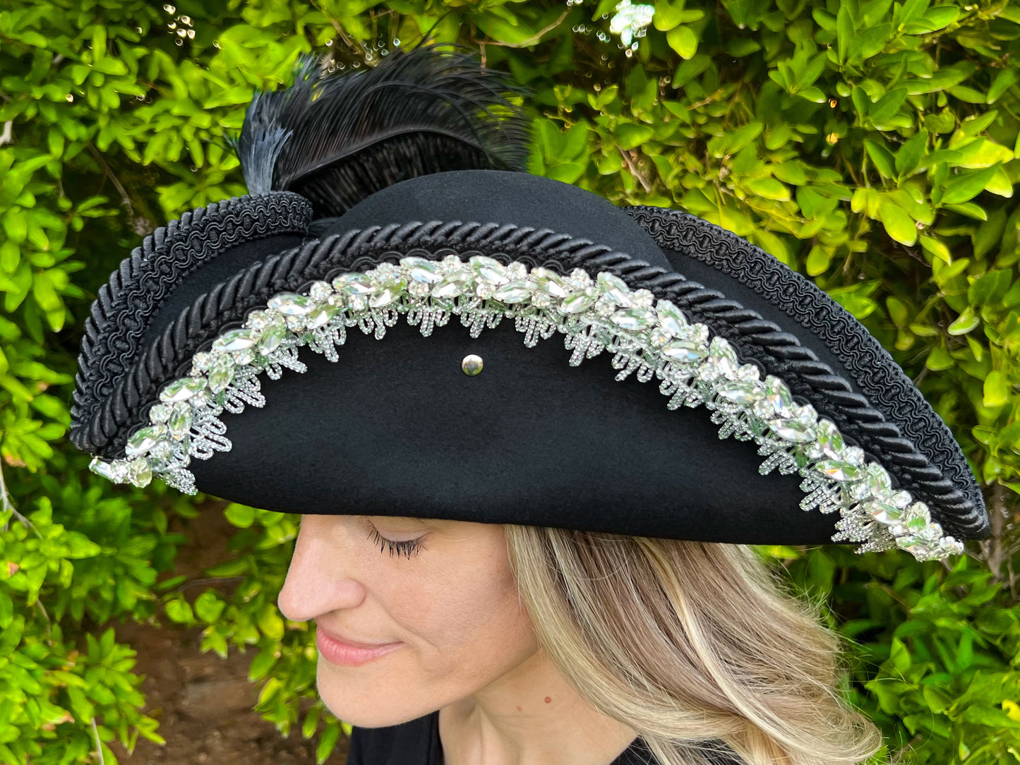 Tricorn Hat 22.5" Black Wool Base with Silver Rhinestone Trim, Feathers, and Brooch