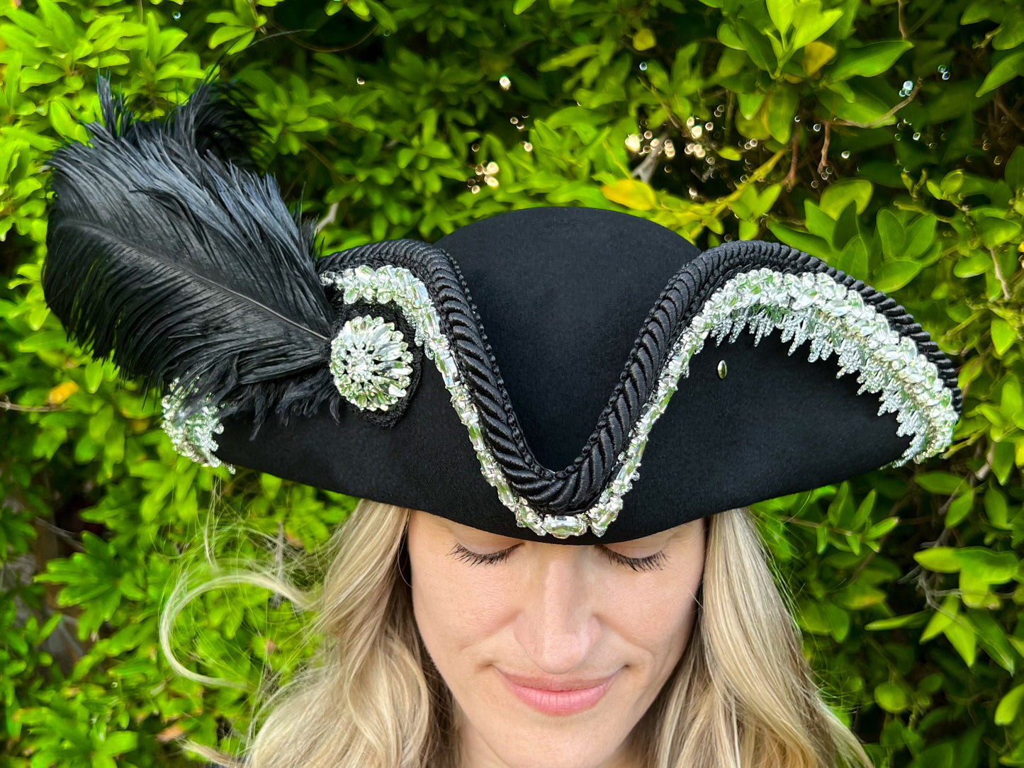 Tricorn Hat 22.5" Black Wool Base with Silver Rhinestone Trim, Feathers, and Brooch