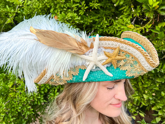 Tricorn Hat 21.25" Turquoise Straw Base with Gold Trim, Feathers, and Starfish Brooch