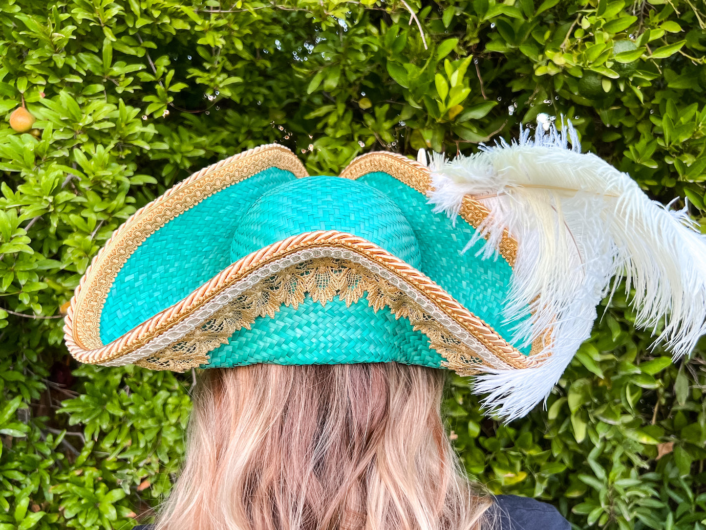 Tricorn Hat 21.25" Turquoise Straw Base with Gold Trim, Feathers, and Starfish Brooch