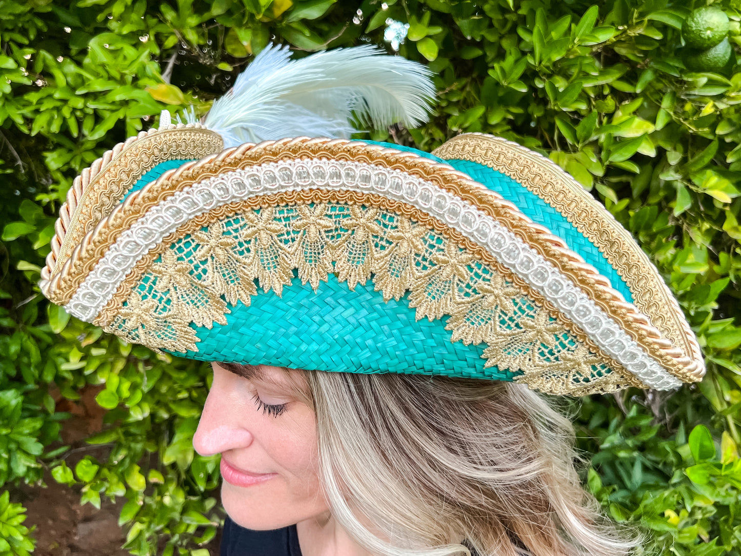 Tricorn Hat 21.25" Turquoise Straw Base with Gold Trim, Feathers, and Starfish Brooch