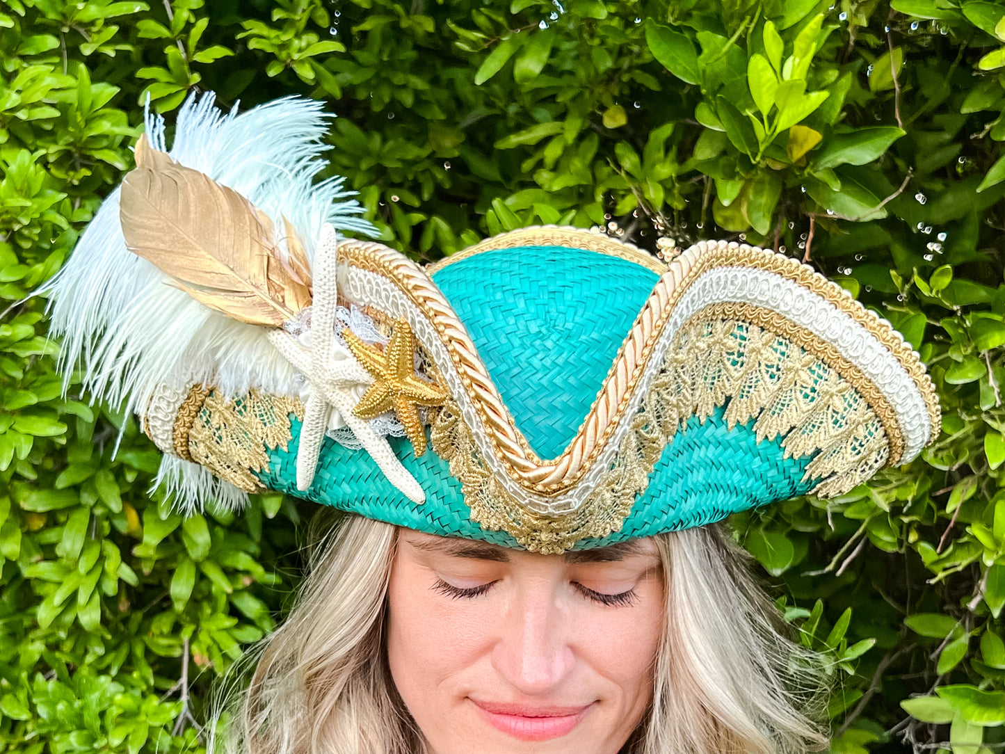 Tricorn Hat 21.25" Turquoise Straw Base with Gold Trim, Feathers, and Starfish Brooch