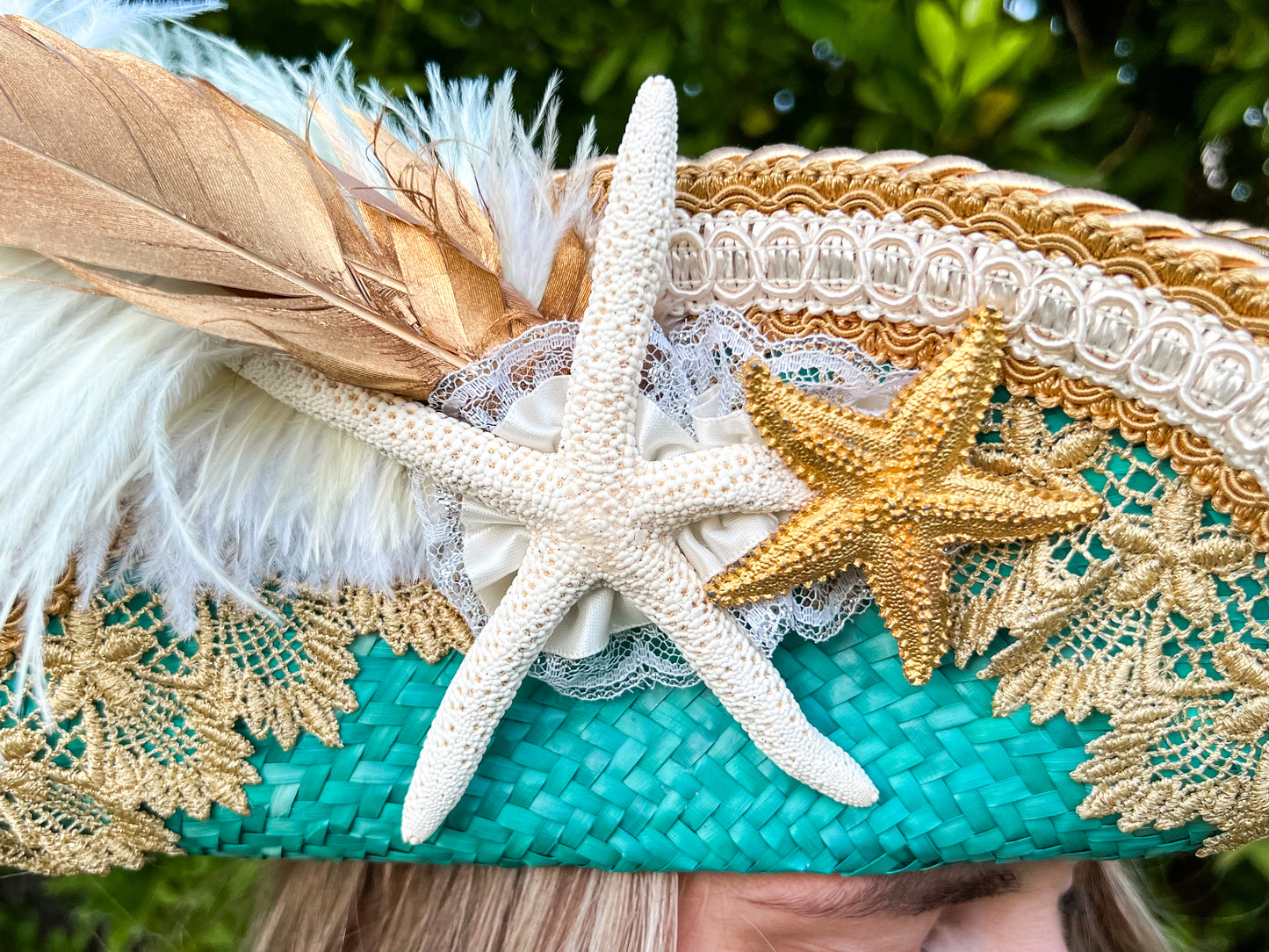 Tricorn Hat 21.25" Turquoise Straw Base with Gold Trim, Feathers, and Starfish Brooch