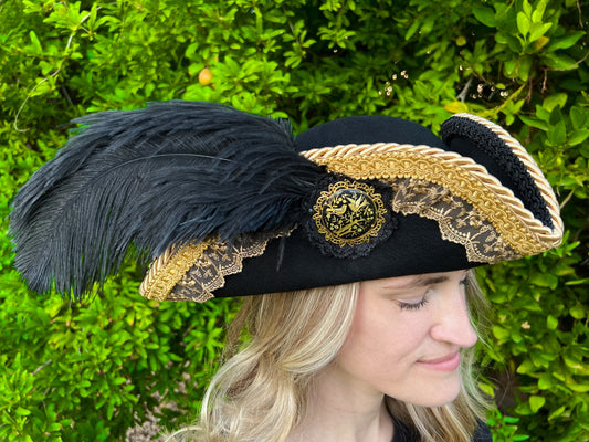 Tricorn Hat 22" Black Wool Base with Gold Venetian Lace, Feathers, and Brooch