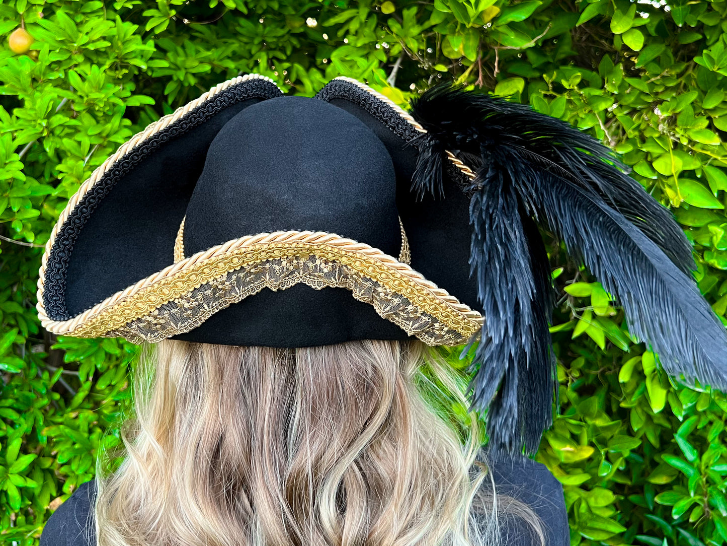 Tricorn Hat 22" Black Wool Base with Gold Venetian Lace, Feathers, and Brooch