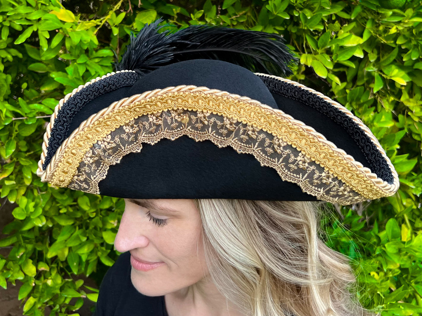 Tricorn Hat 22" Black Wool Base with Gold Venetian Lace, Feathers, and Brooch