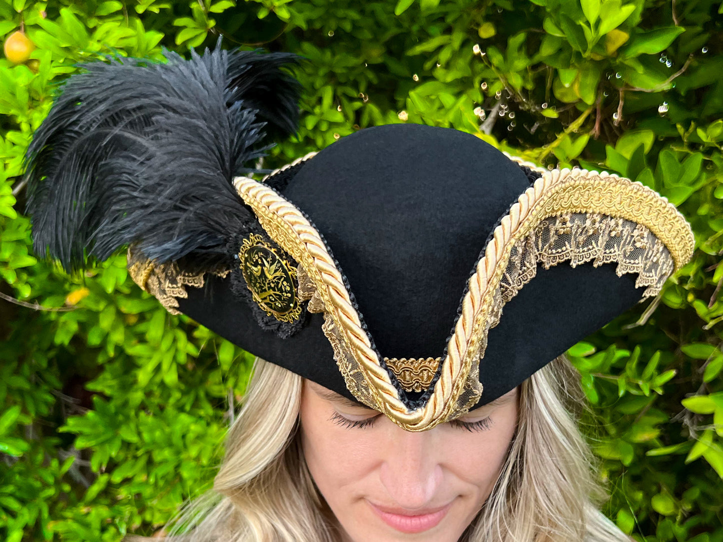 Tricorn Hat 22" Black Wool Base with Gold Venetian Lace, Feathers, and Brooch