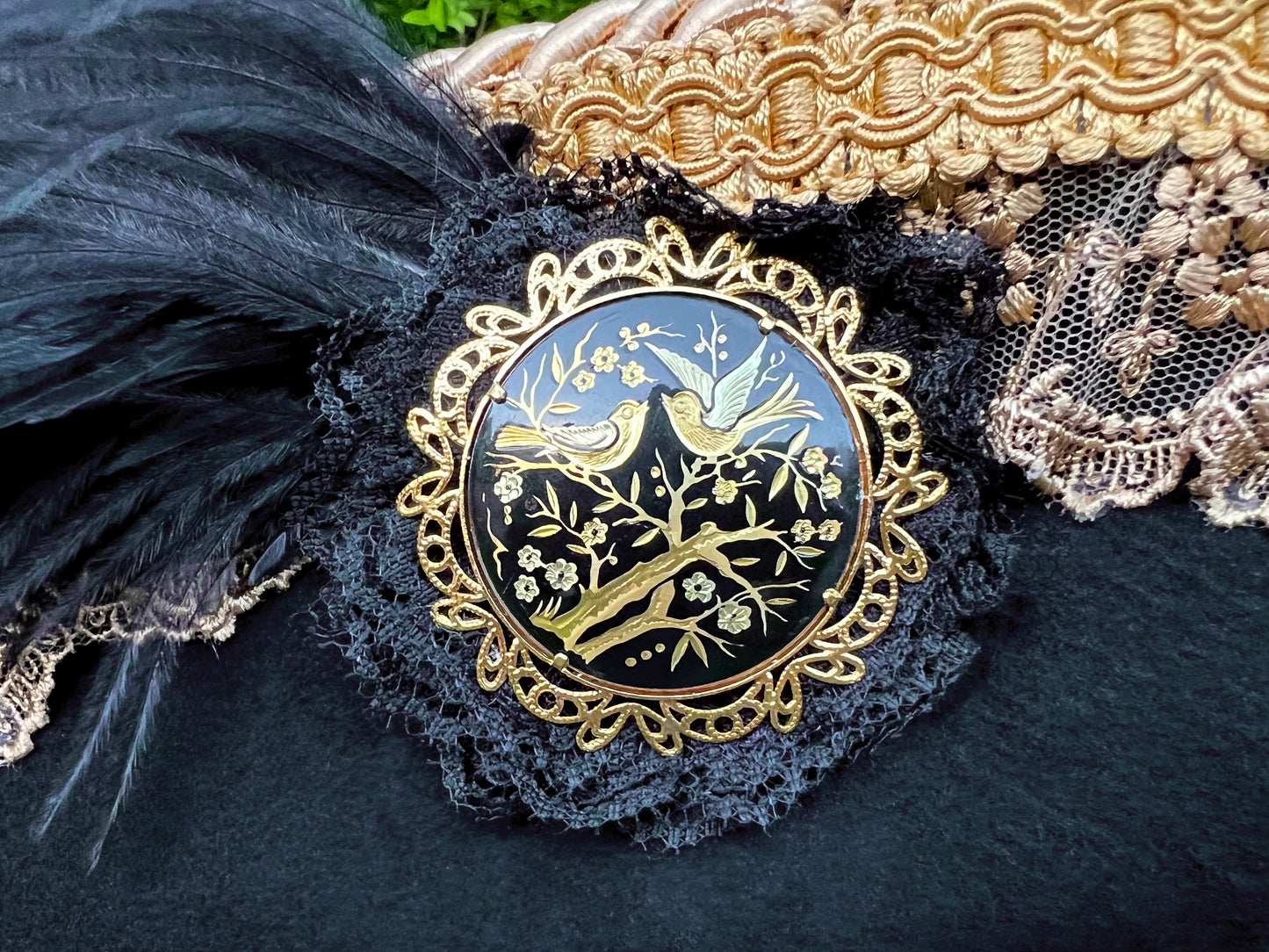 Tricorn Hat 22" Black Wool Base with Gold Venetian Lace, Feathers, and Brooch