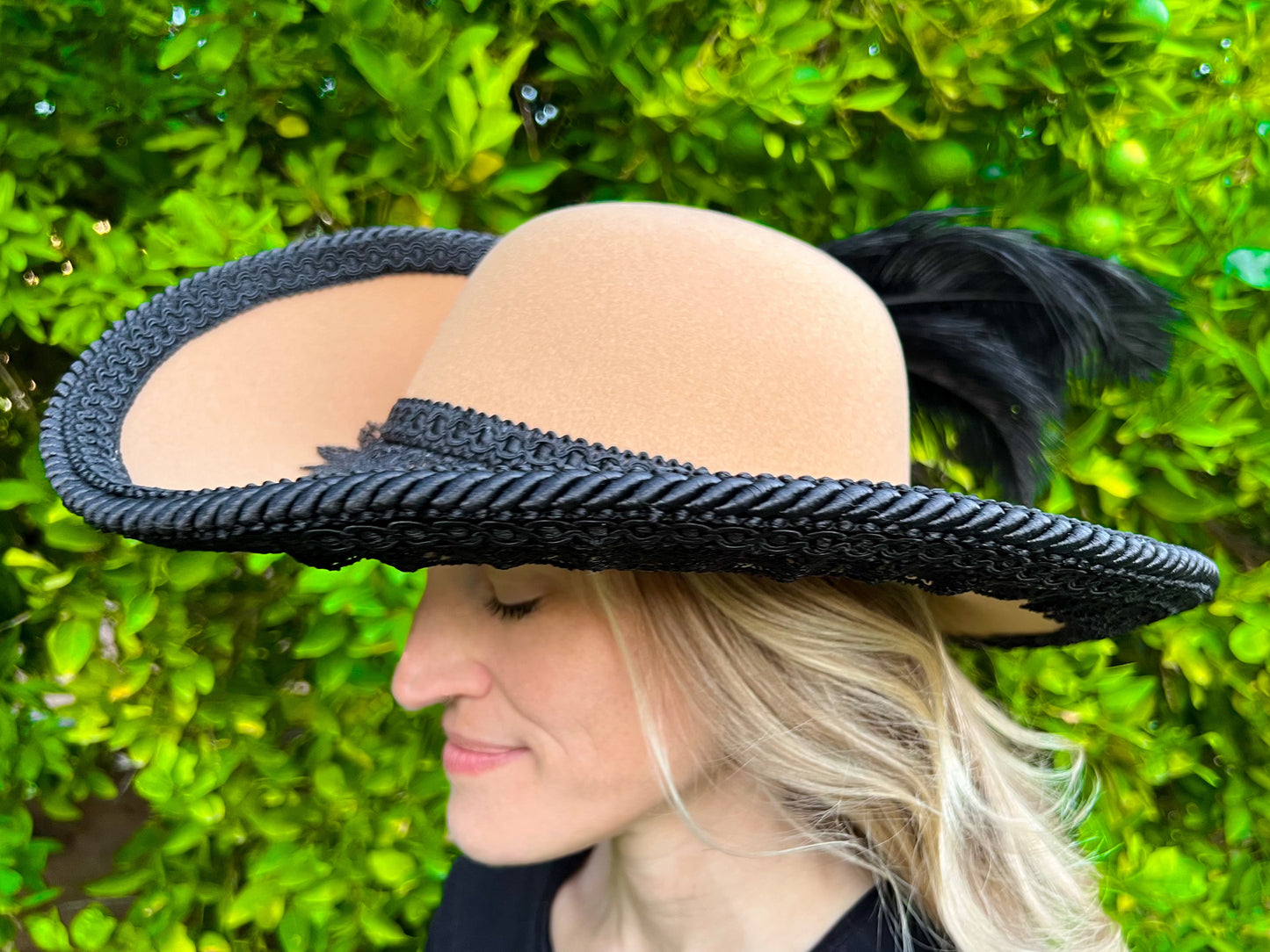 Cavalier Hat 22" Tan Polyester Base with Black Trim, Feathers, and Rhinestone Brooch