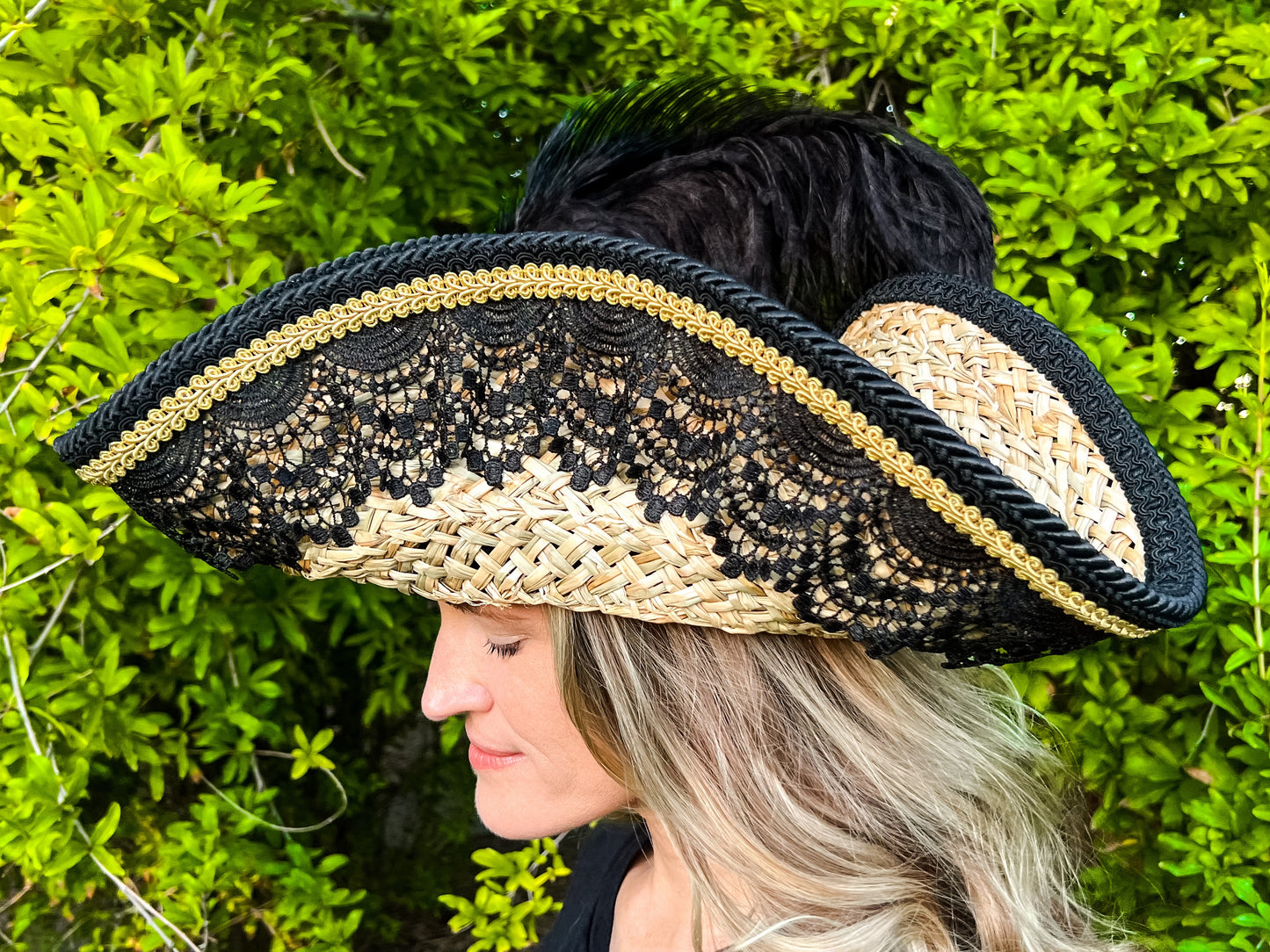 Tricorn Hat 22.5" Beige Straw Base with Black/Gold Trim, Feathers, and Brooch