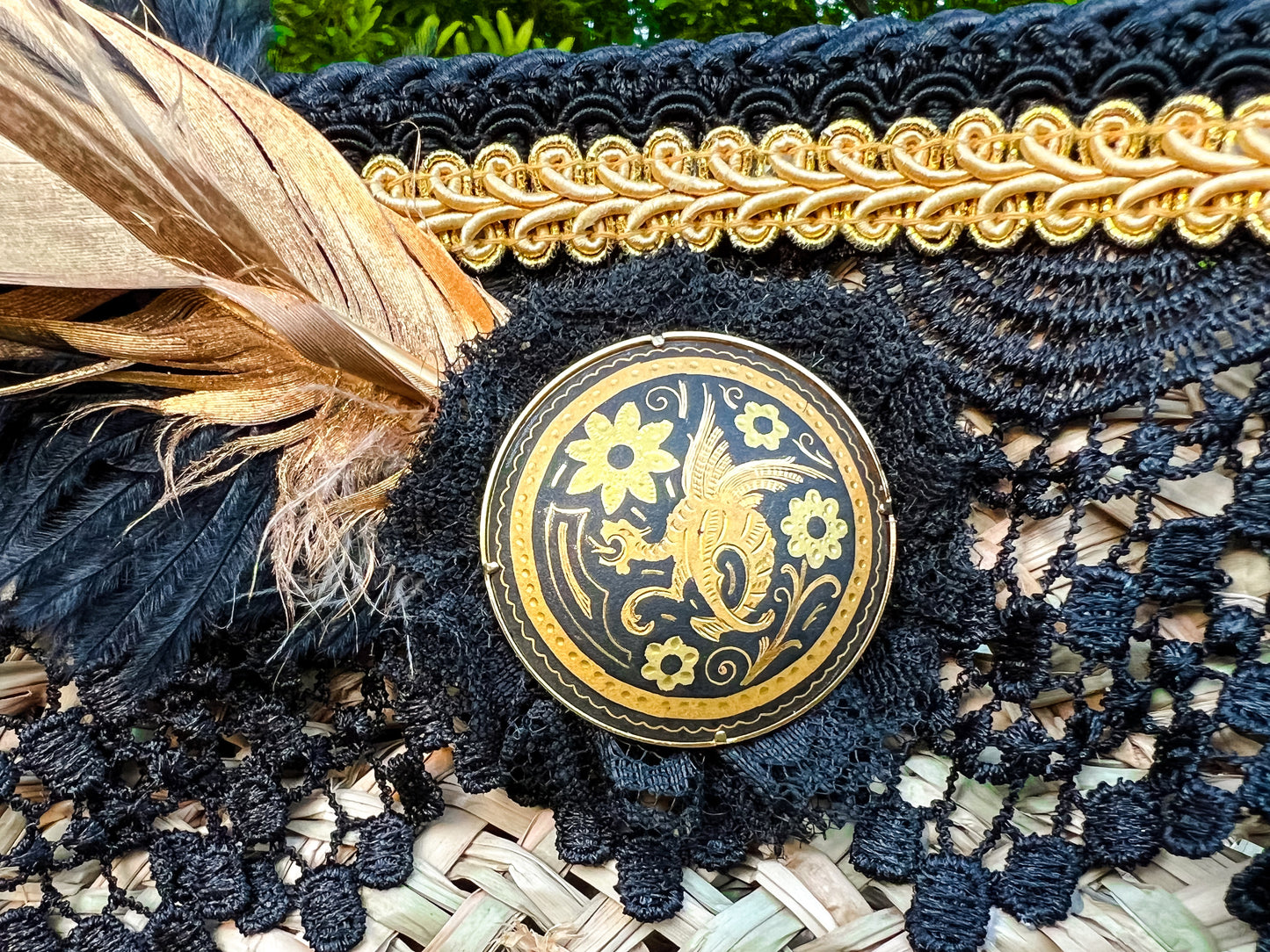 Tricorn Hat 22.5" Beige Straw Base with Black/Gold Trim, Feathers, and Brooch