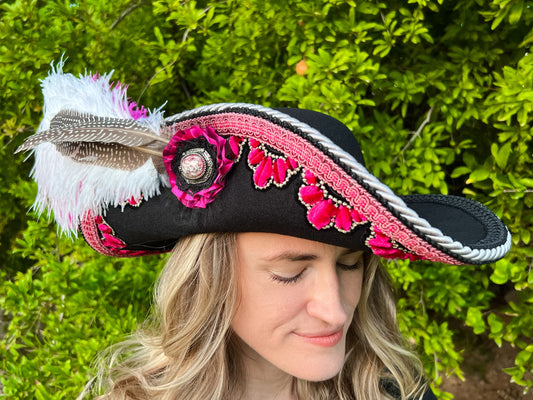 Cavalier Hat 22" Black Polyester Base with Fuchsia Trim, Feathers, and Brooch