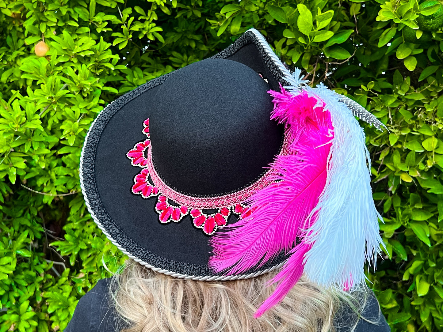 Cavalier Hat 22" Black Polyester Base with Fuchsia Trim, Feathers, and Brooch