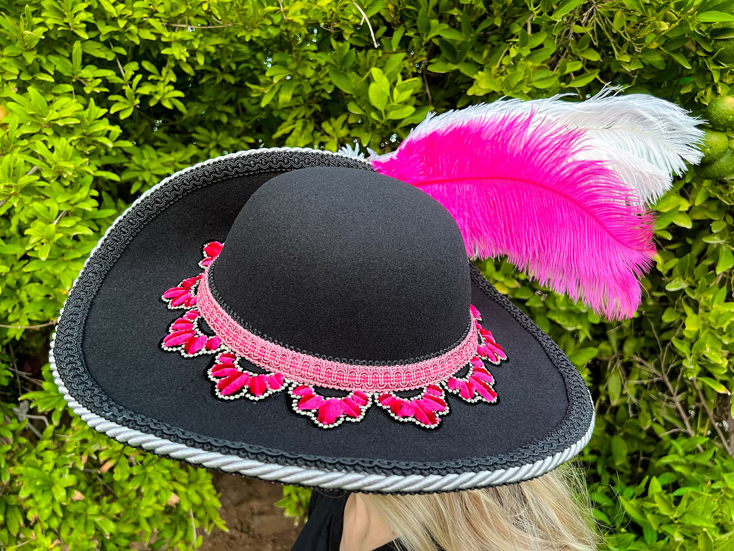 Cavalier Hat 22" Black Polyester Base with Fuchsia Trim, Feathers, and Brooch