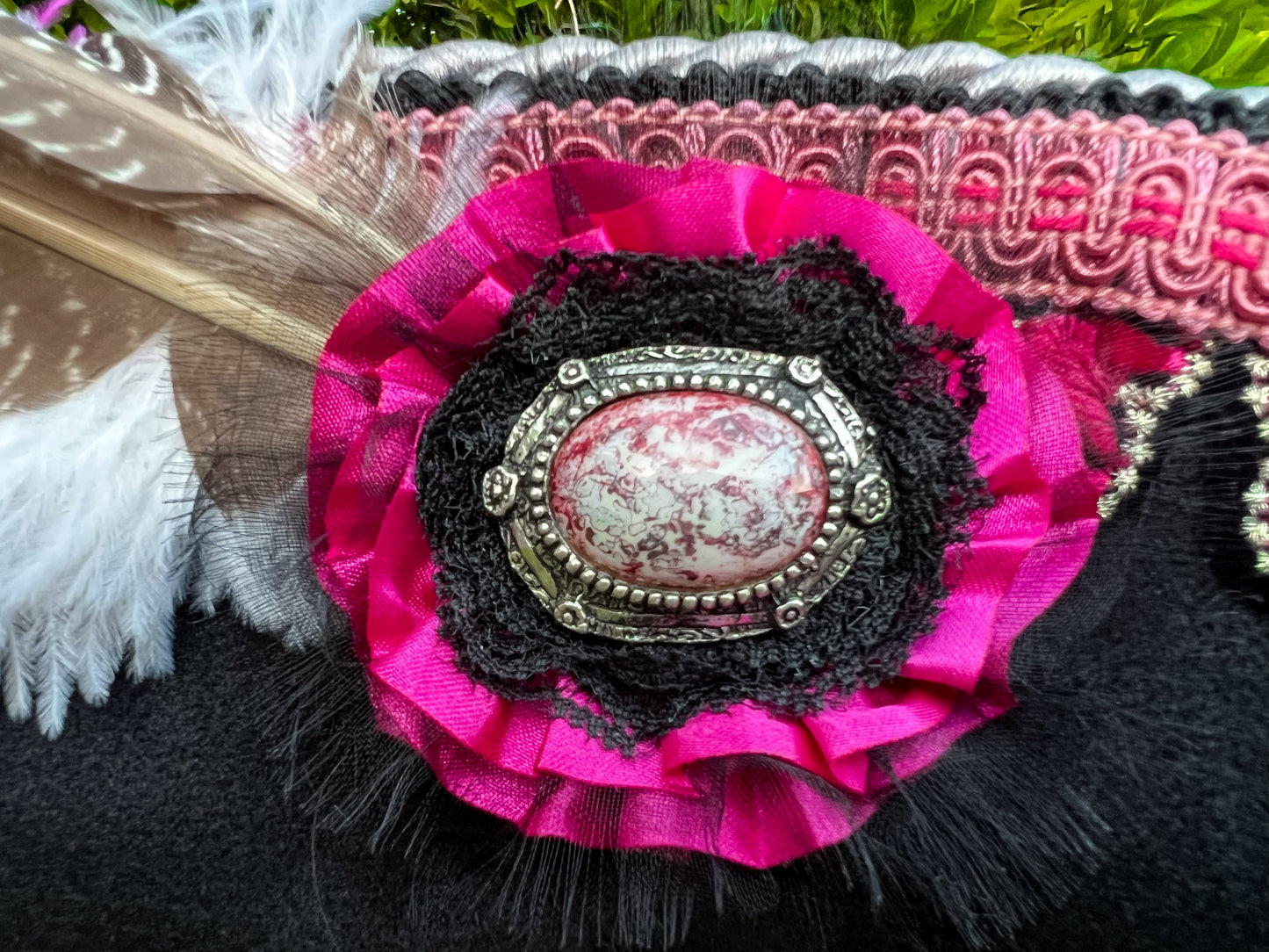 Cavalier Hat 22" Black Polyester Base with Fuchsia Trim, Feathers, and Brooch