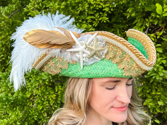 Tricorn Hat 21.75" Green Straw Base with Gold Trim, Feathers, and Starfish Brooch