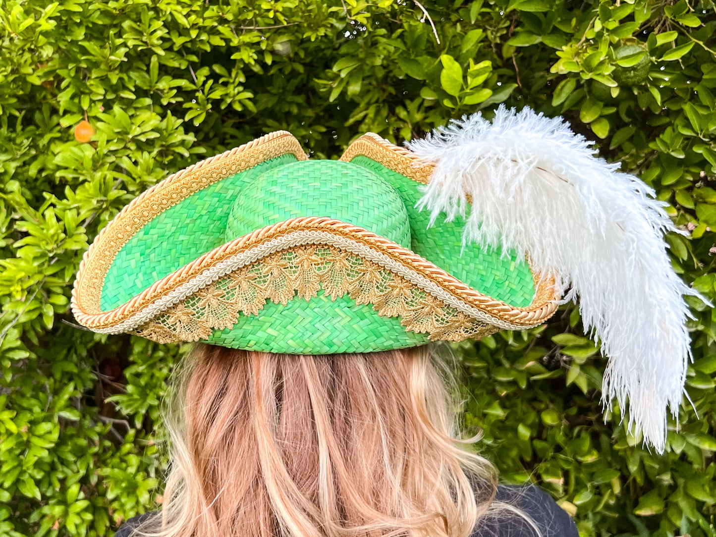 Tricorn Hat 21.75" Green Straw Base with Gold Trim, Feathers, and Starfish Brooch