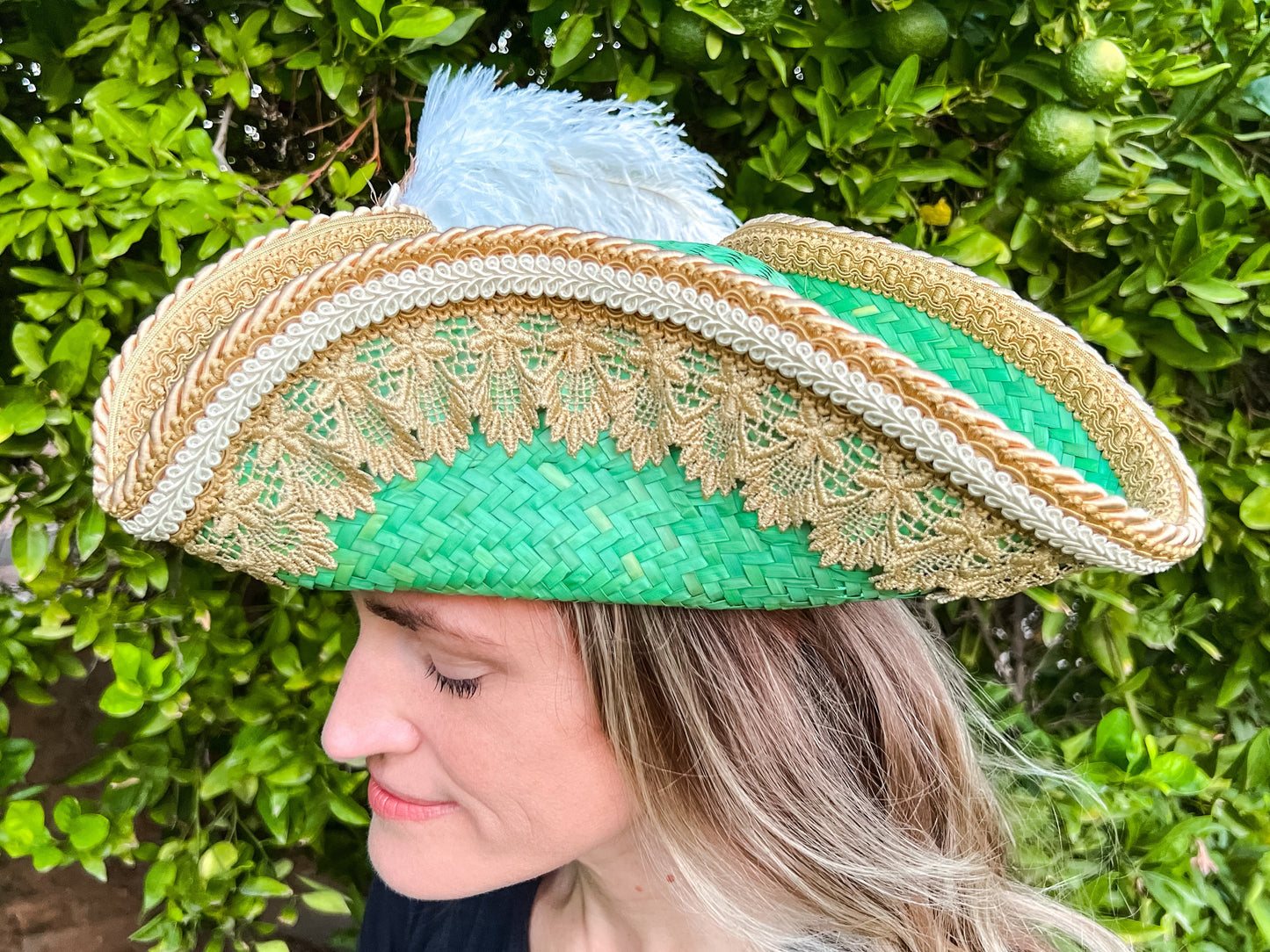 Tricorn Hat 21.75" Green Straw Base with Gold Trim, Feathers, and Starfish Brooch