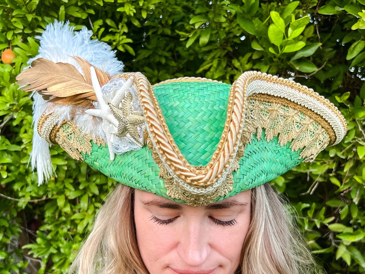 Tricorn Hat 21.75" Green Straw Base with Gold Trim, Feathers, and Starfish Brooch