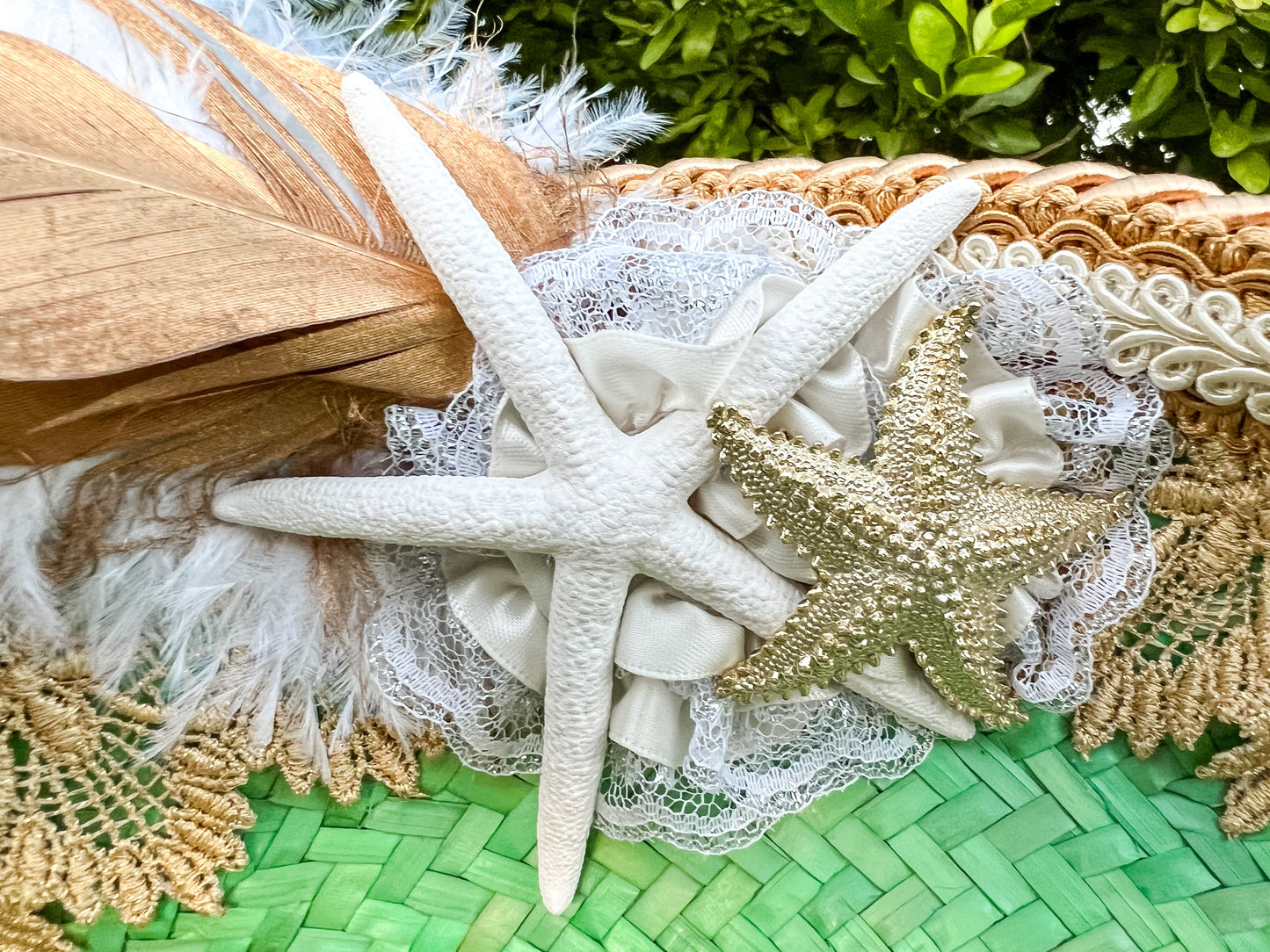 Tricorn Hat 21.75" Green Straw Base with Gold Trim, Feathers, and Starfish Brooch