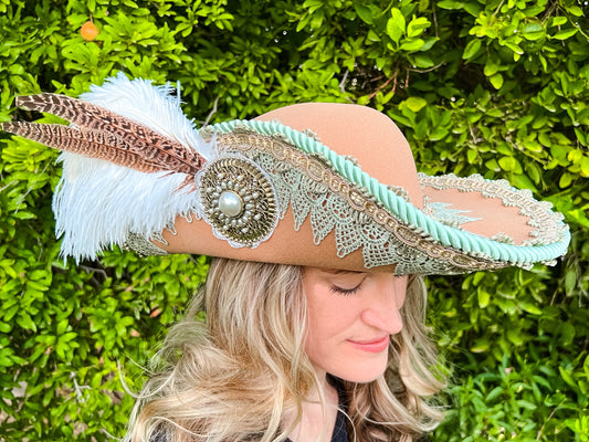 Cavalier Hat 22" Tan Polyester Base with Mint/Sage Trim, Feathers, and Brooch