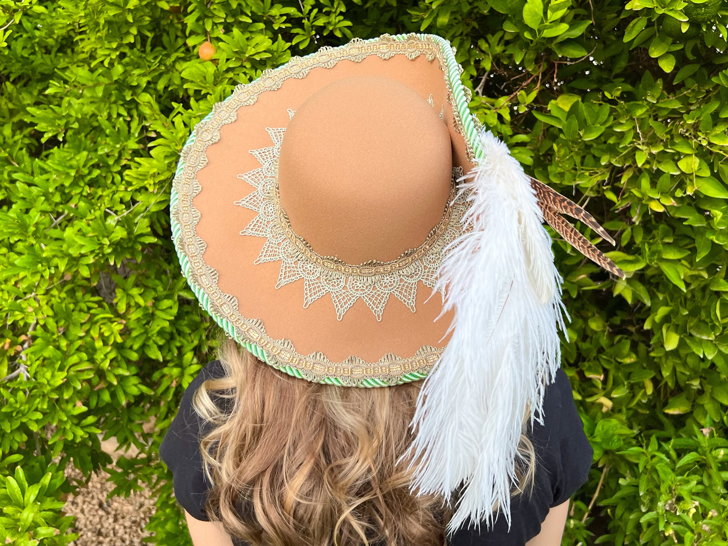 Cavalier Hat 22" Tan Polyester Base with Mint/Sage Trim, Feathers, and Brooch