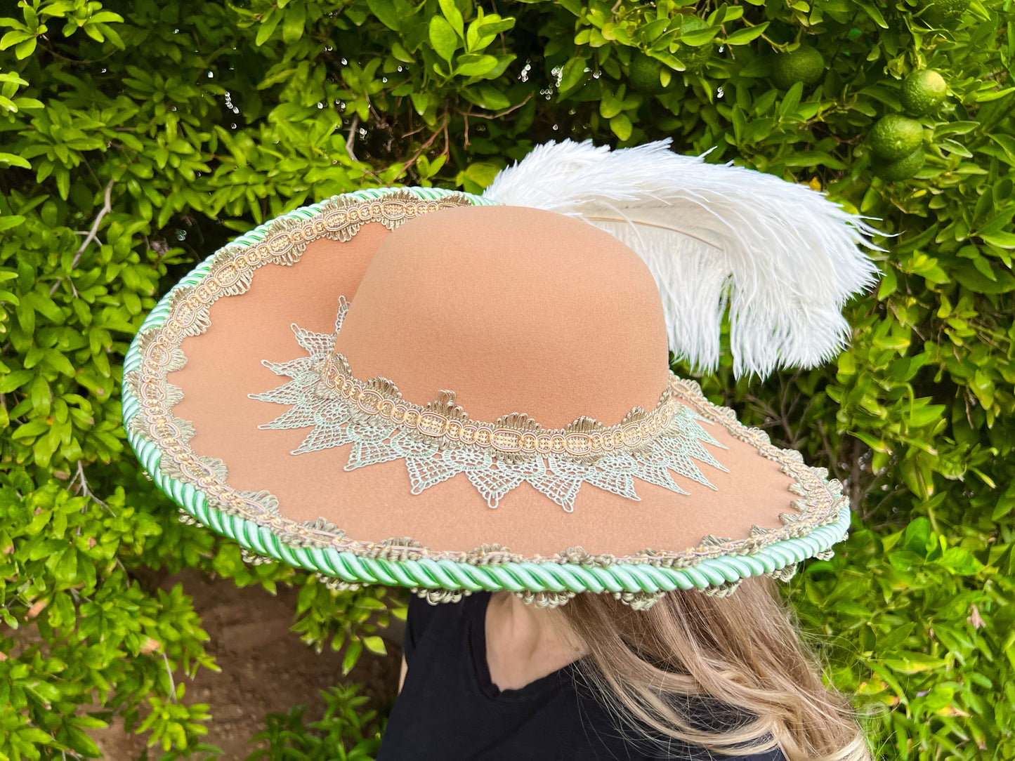 Cavalier Hat 22" Tan Polyester Base with Mint/Sage Trim, Feathers, and Brooch