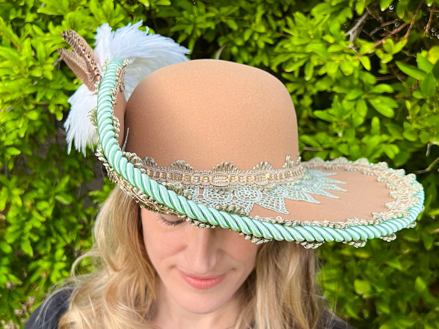 Cavalier Hat 22" Tan Polyester Base with Mint/Sage Trim, Feathers, and Brooch