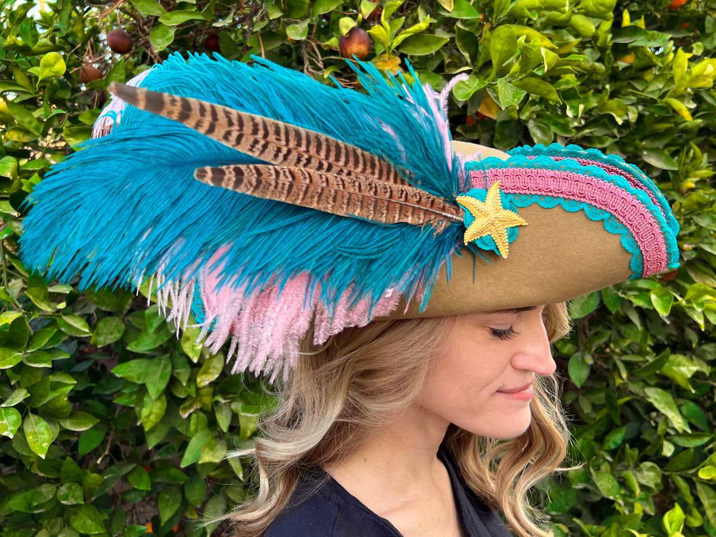 Tricorn Hat 23.75" Tan Wool Base with Teal/Pink Trim, Feathers, and Starfish Brooch