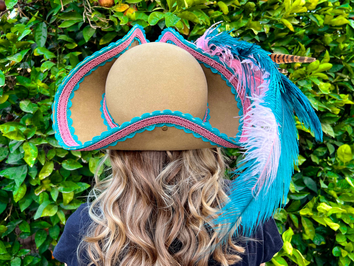 Tricorn Hat 23.75" Tan Wool Base with Teal/Pink Trim, Feathers, and Starfish Brooch