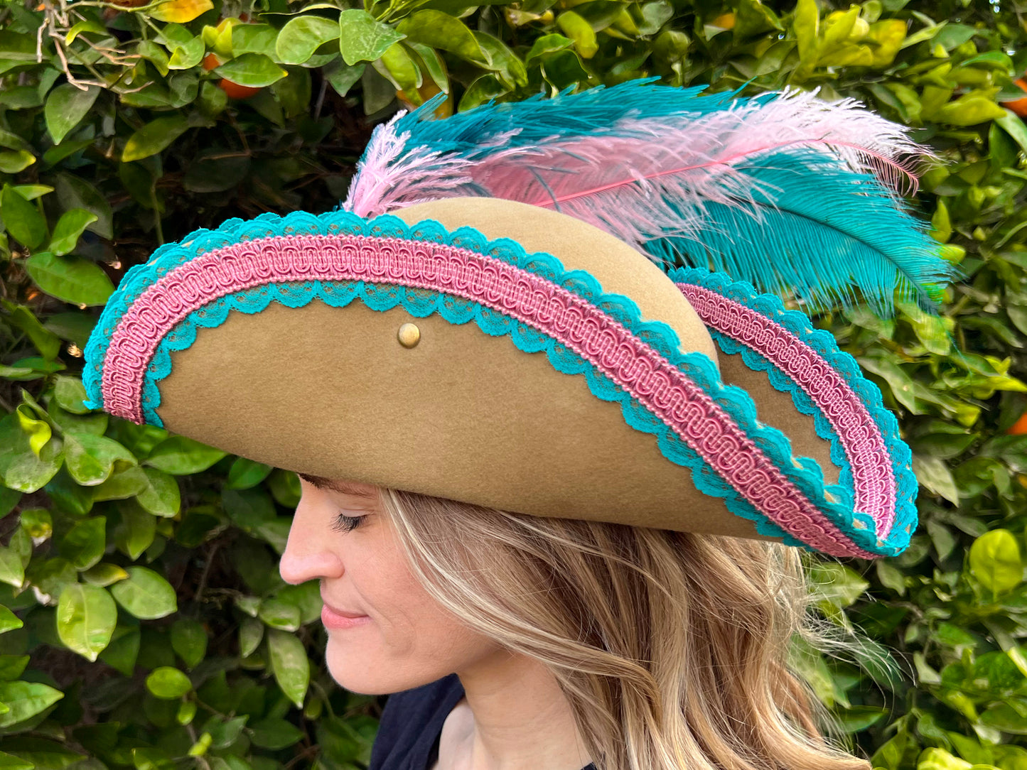 Tricorn Hat 23.75" Tan Wool Base with Teal/Pink Trim, Feathers, and Starfish Brooch