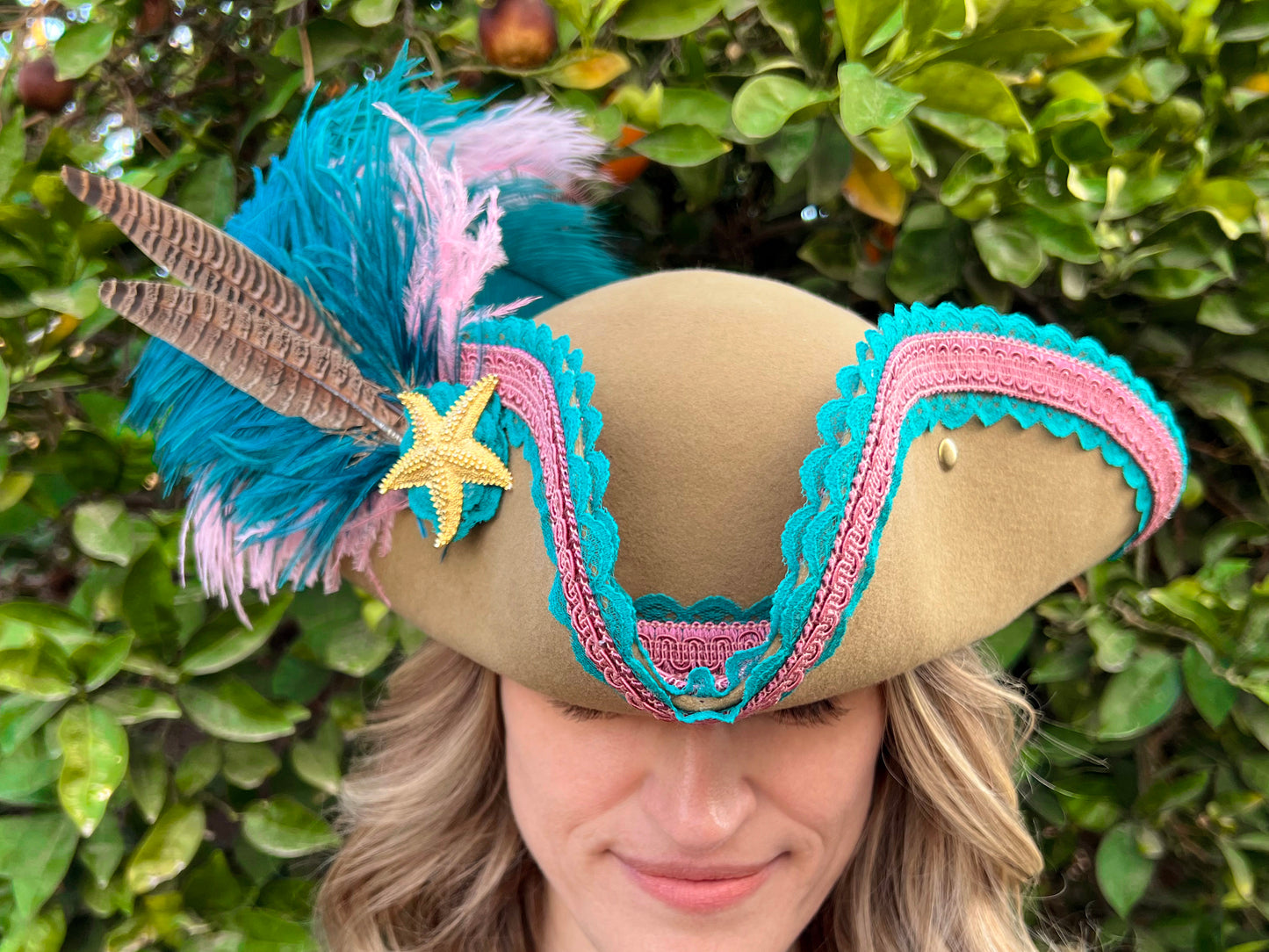 Tricorn Hat 23.75" Tan Wool Base with Teal/Pink Trim, Feathers, and Starfish Brooch