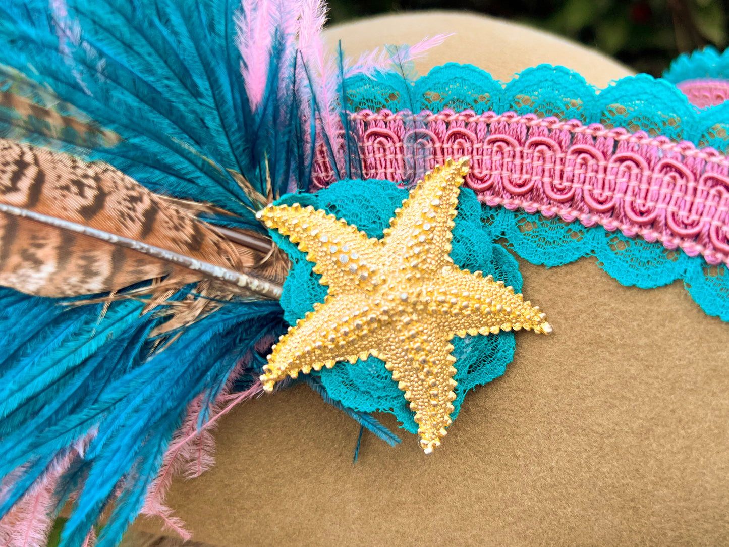 Tricorn Hat 23.75" Tan Wool Base with Teal/Pink Trim, Feathers, and Starfish Brooch