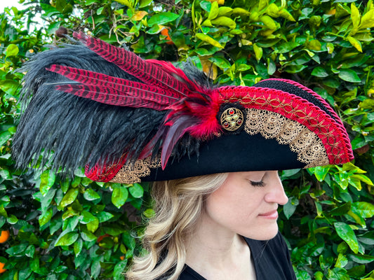 Tricorn Hat 23.75" Black Wool Base with Red/Gold Trim, Feathers, and Brooch