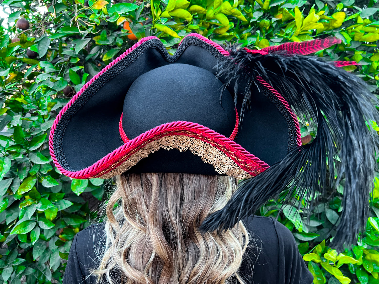 Tricorn Hat 23.75" Black Wool Base with Red/Gold Trim, Feathers, and Brooch