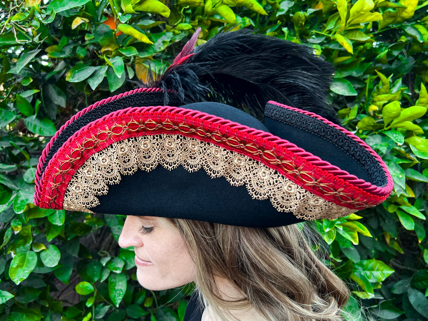 Tricorn Hat 23.75" Black Wool Base with Red/Gold Trim, Feathers, and Brooch