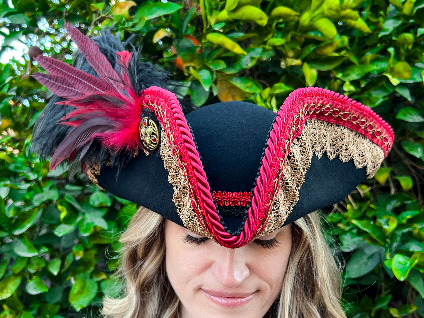 Tricorn Hat 23.75" Black Wool Base with Red/Gold Trim, Feathers, and Brooch