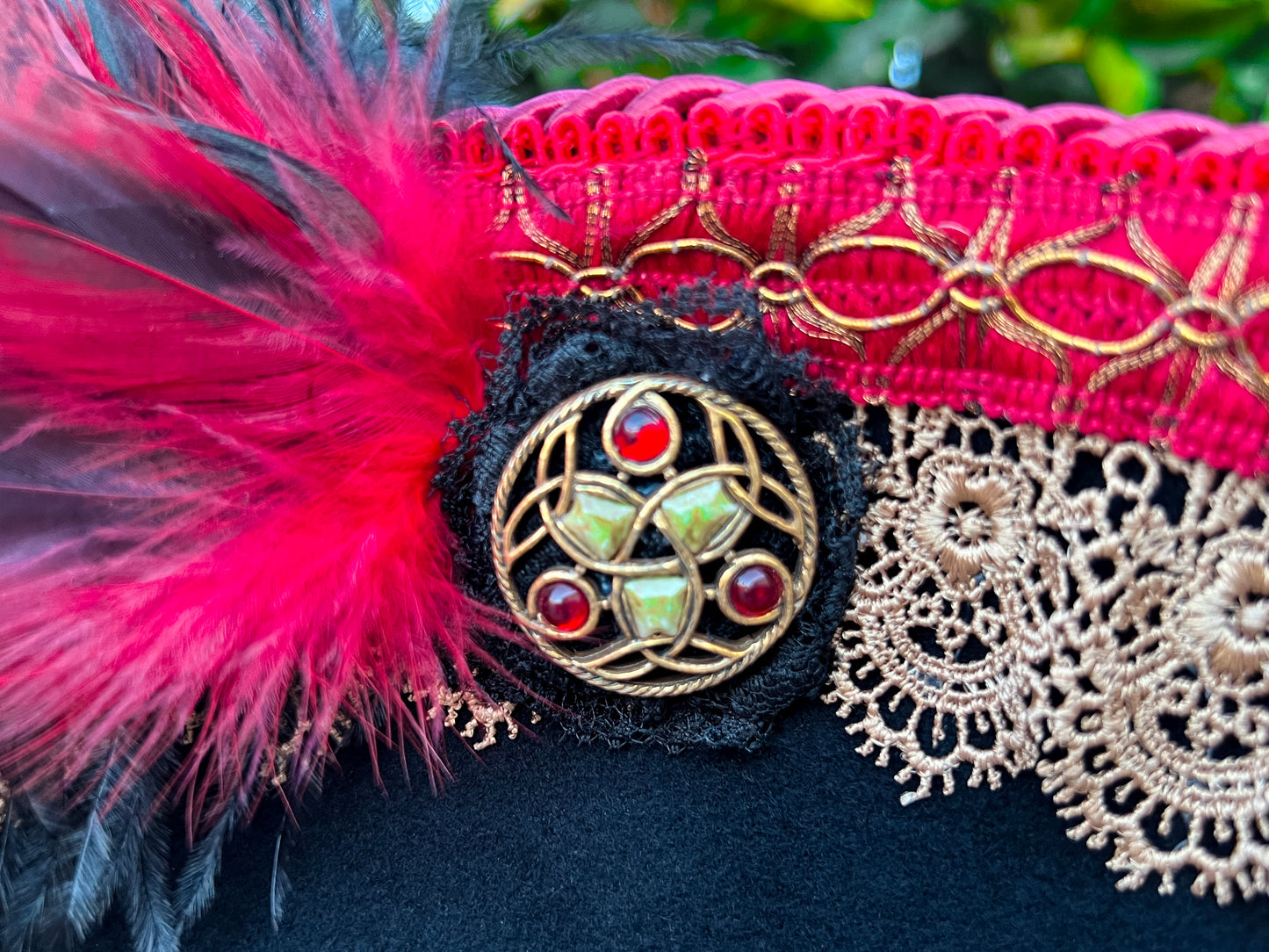 Tricorn Hat 23.75" Black Wool Base with Red/Gold Trim, Feathers, and Brooch