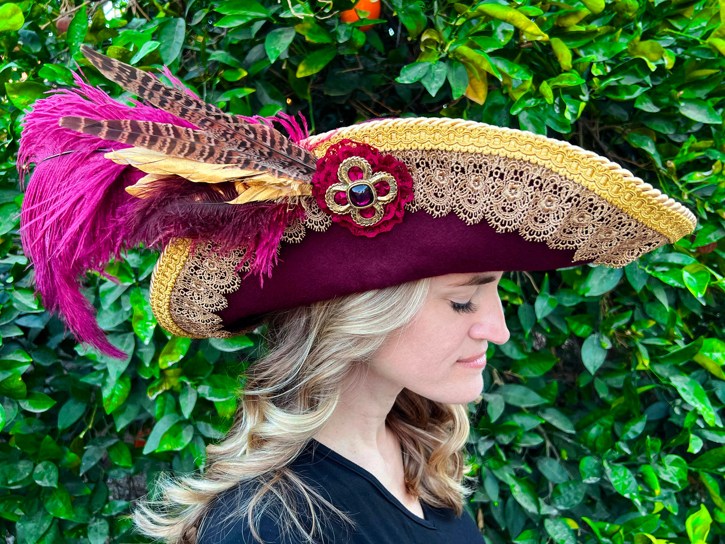 Cavalier Hat 22" Maroon Wool Base with Gold Trim, Feathers, and Vintage Brooch