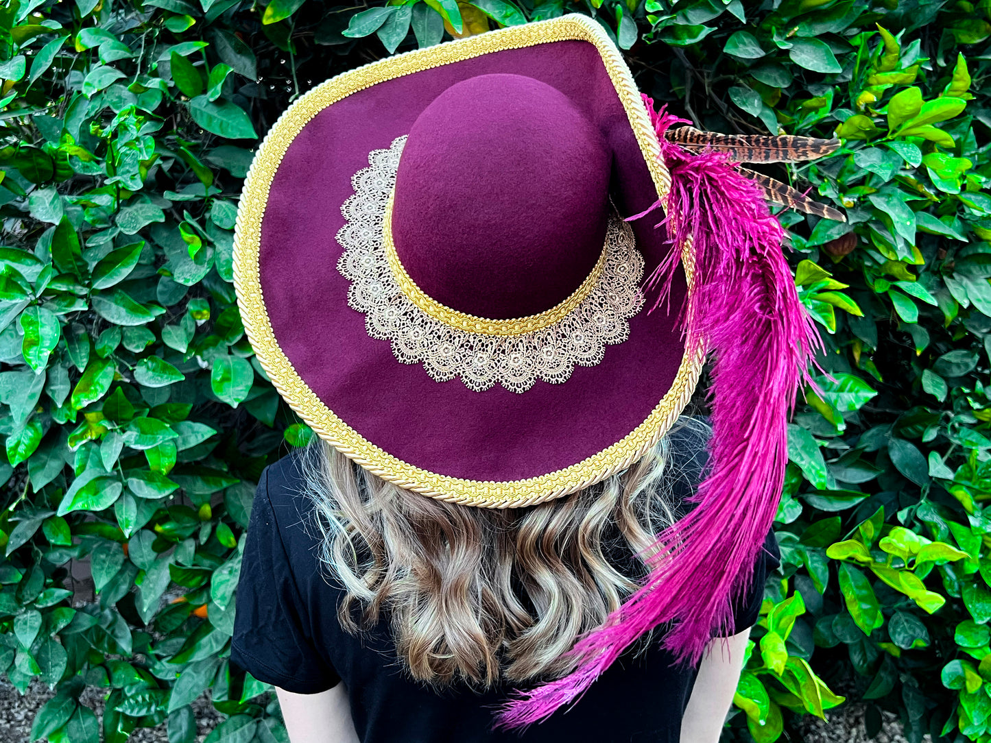 Cavalier Hat 22" Maroon Wool Base with Gold Trim, Feathers, and Vintage Brooch