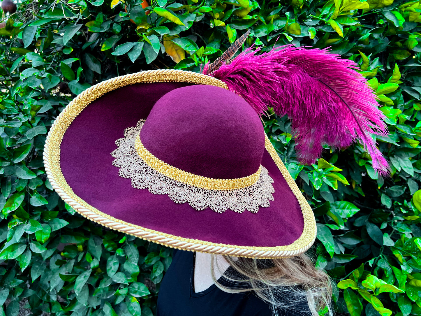 Cavalier Hat 22" Maroon Wool Base with Gold Trim, Feathers, and Vintage Brooch