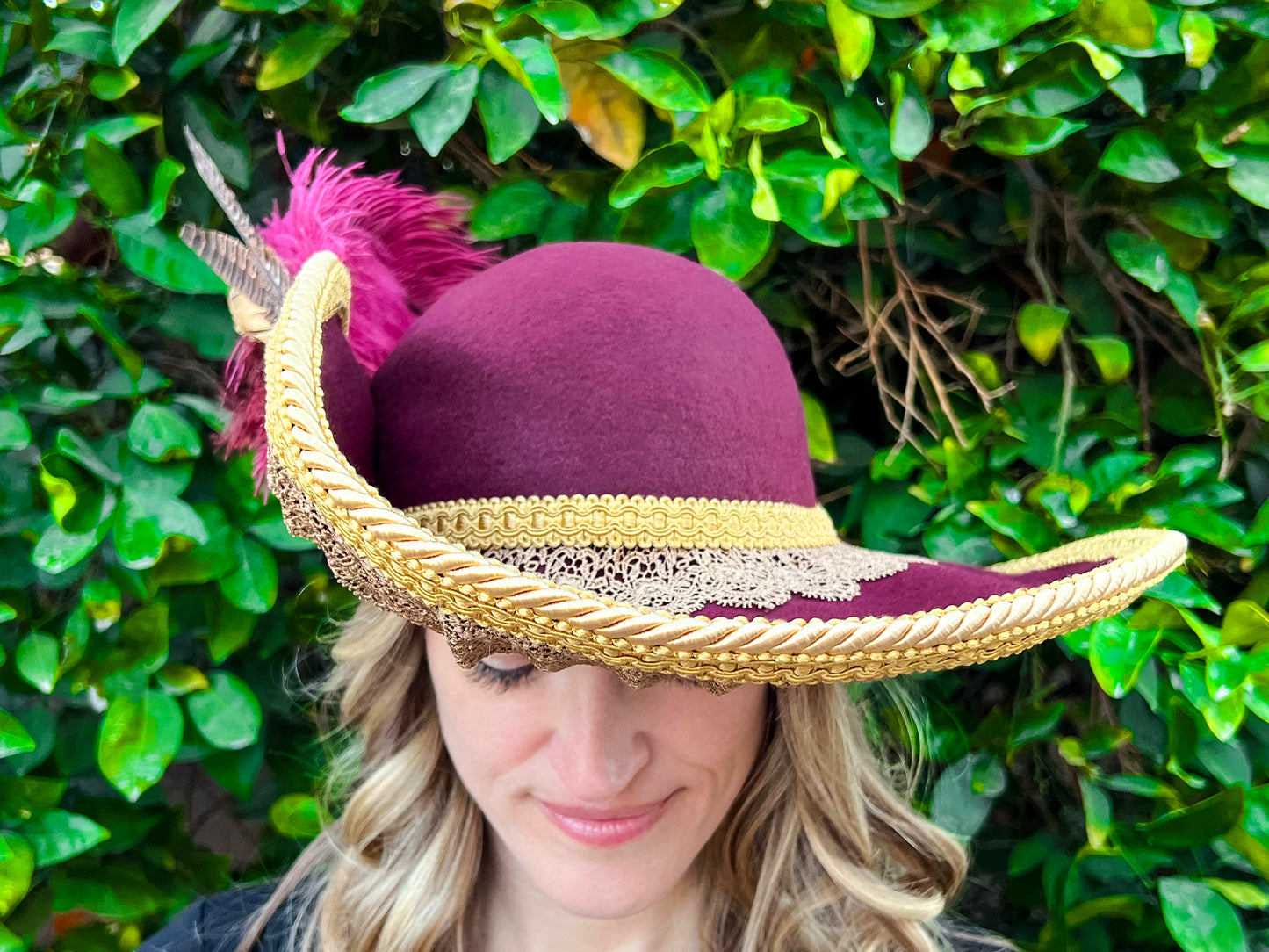 Cavalier Hat 22" Maroon Wool Base with Gold Trim, Feathers, and Vintage Brooch