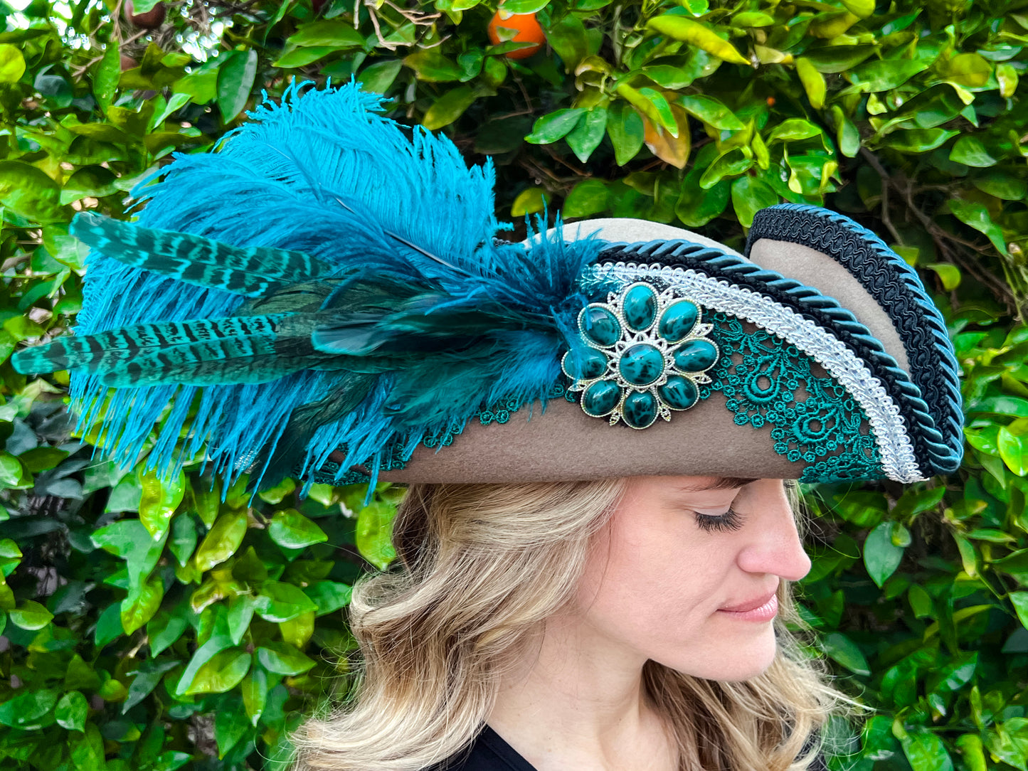 Tricorn Hat 23.25" Tan Wool Base with Teal/Silver Trim, Feathers, and Turquoise Brooch