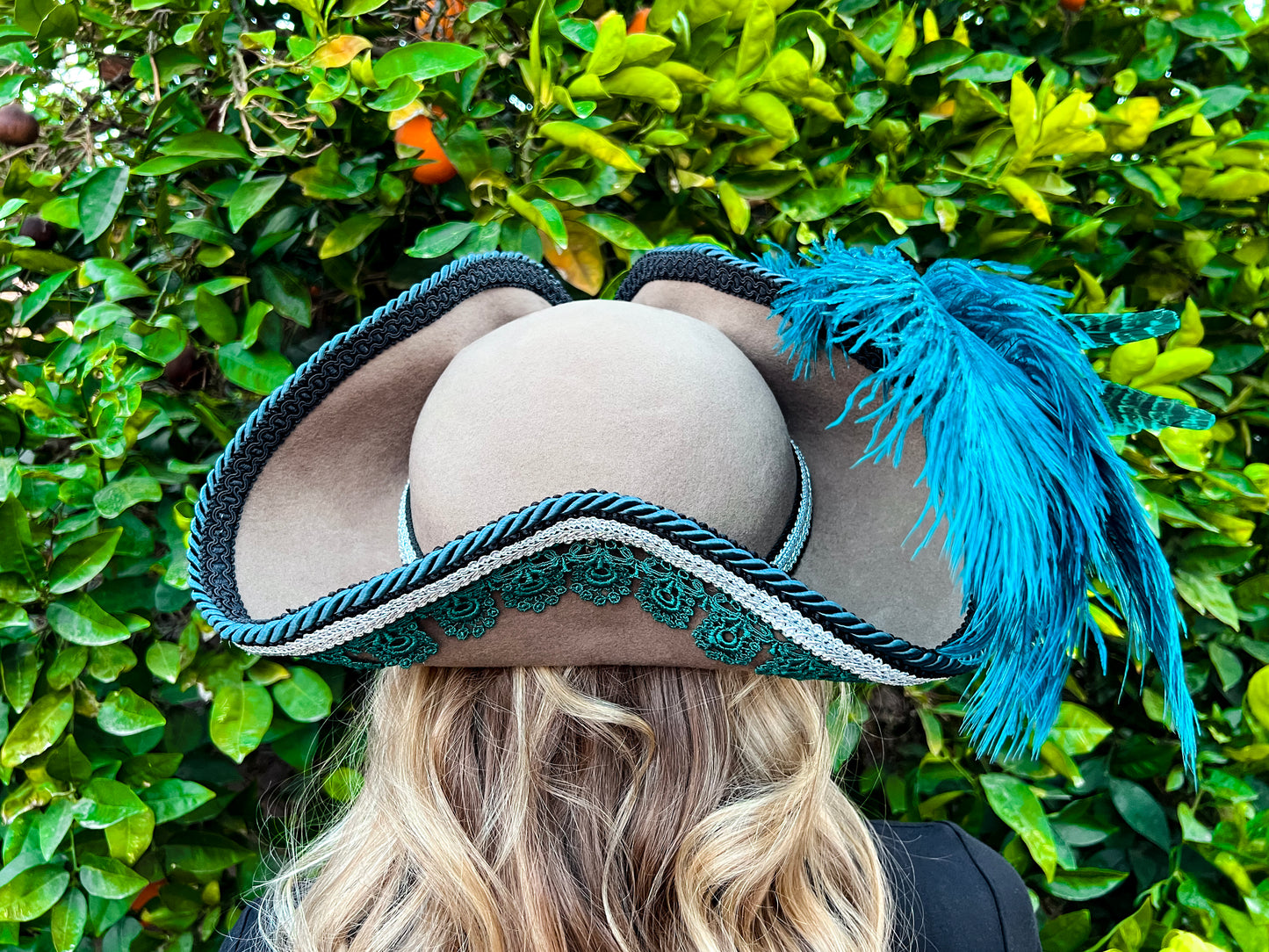 Tricorn Hat 23.25" Tan Wool Base with Teal/Silver Trim, Feathers, and Turquoise Brooch