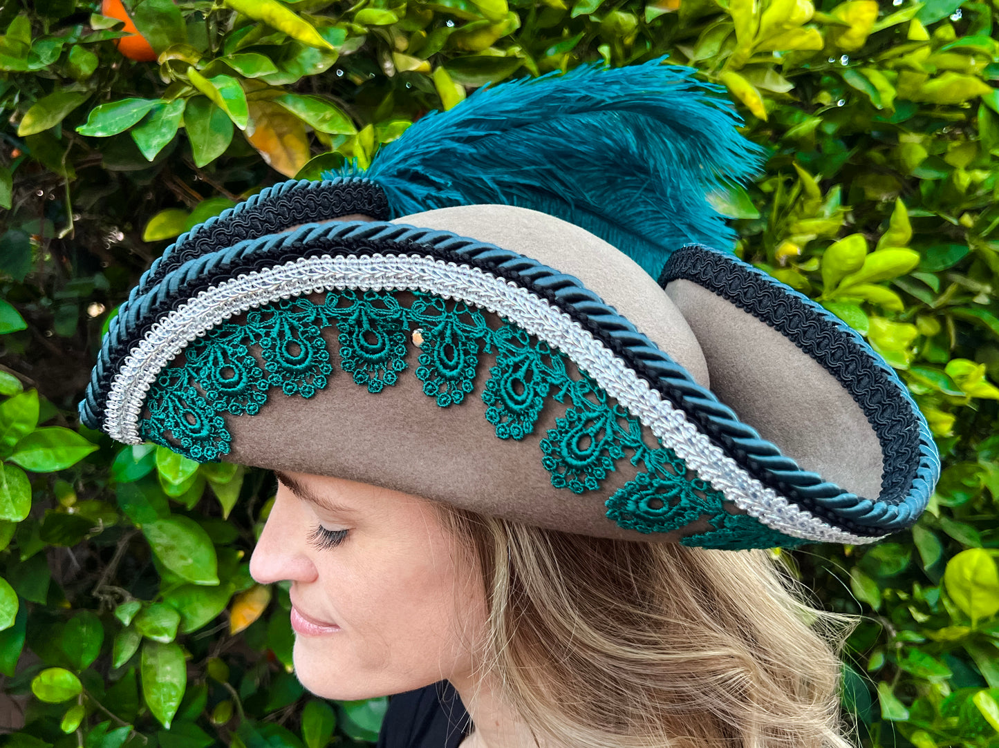 Tricorn Hat 23.25" Tan Wool Base with Teal/Silver Trim, Feathers, and Turquoise Brooch