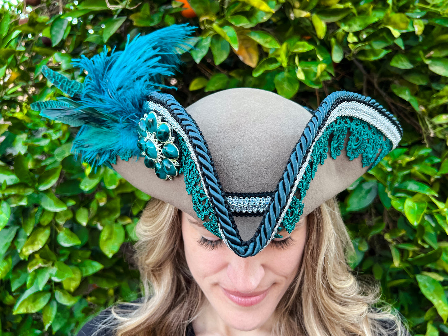 Tricorn Hat 23.25" Tan Wool Base with Teal/Silver Trim, Feathers, and Turquoise Brooch