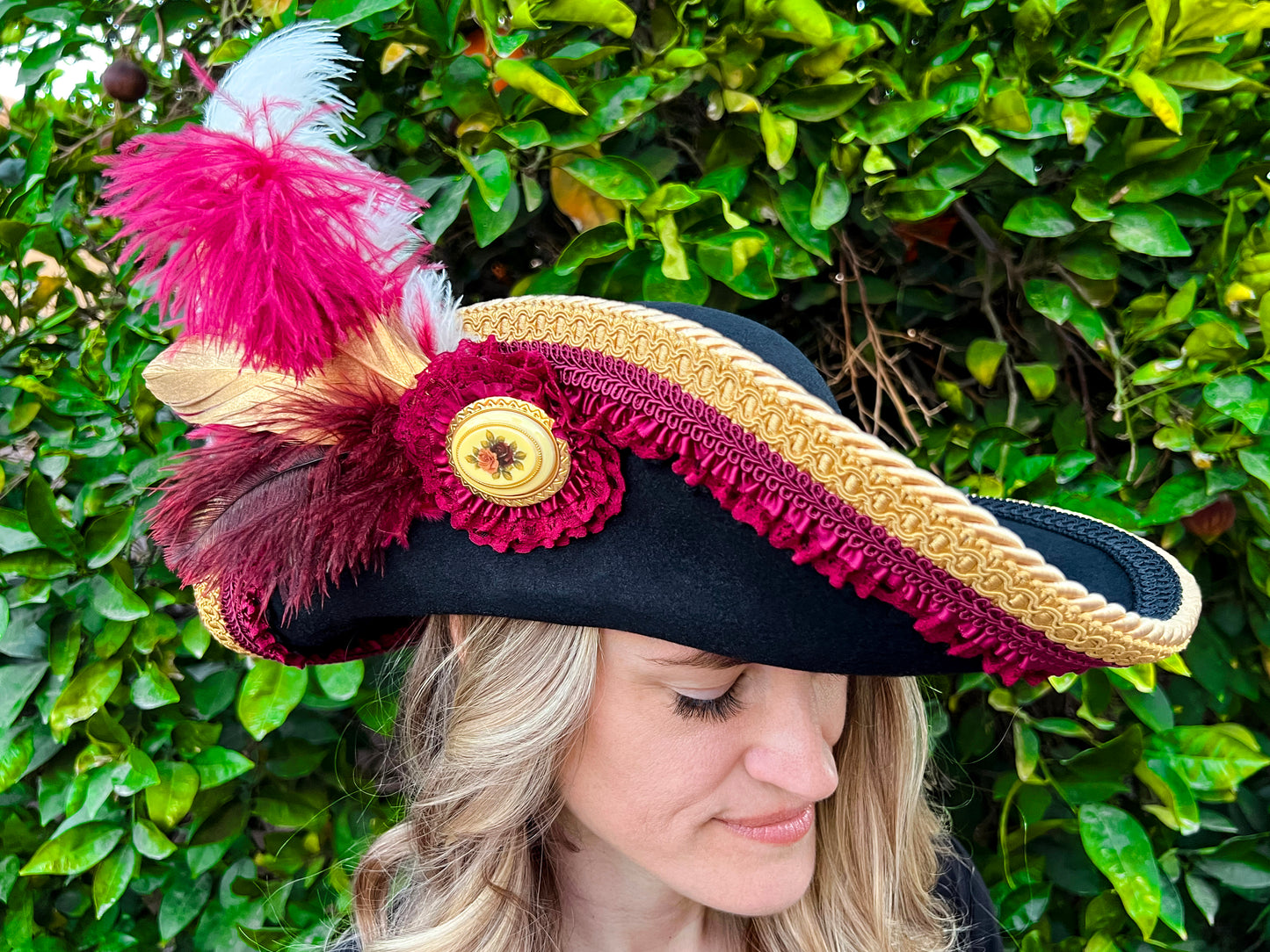 Cavalier Hat 22" Black Wool Base with Gold/Maroon Trim, Feathers, and Brooch